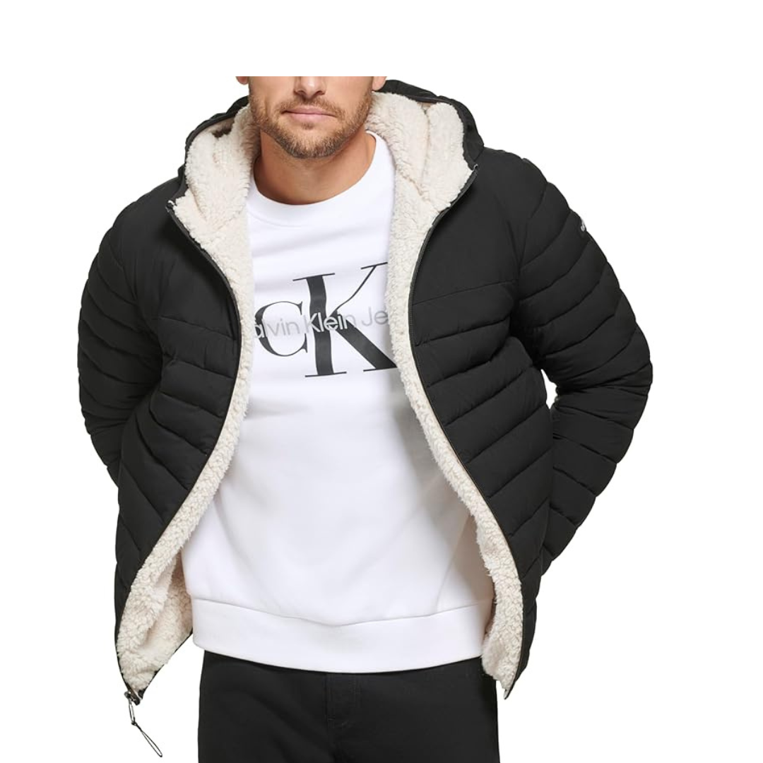 Calvin Klein Men's Hooded Down Jacket Quilted Coat Sherpa Lined