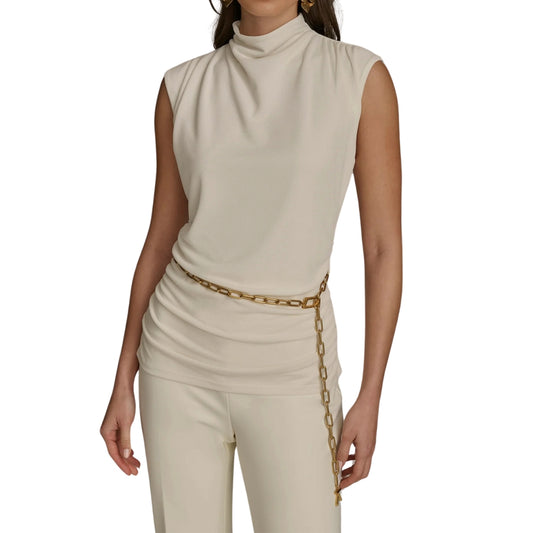 DKNY Mock Neck Top with Chain Belt - Elegance and Chic Style