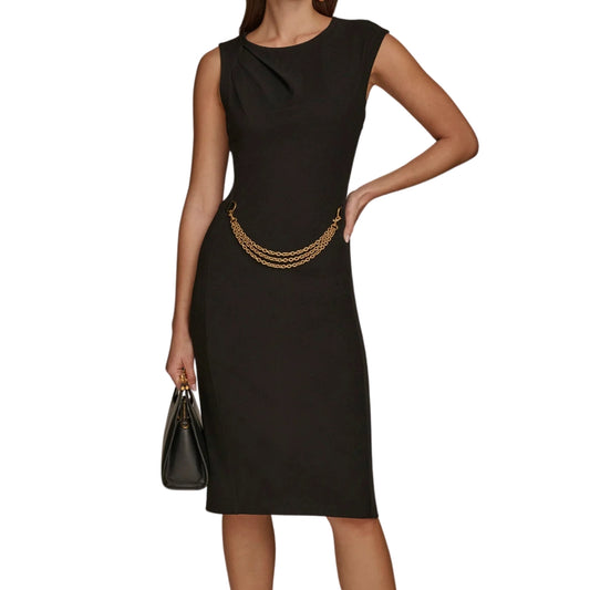 DKNY PLEATED SHOULDER DRESS WITH CHAIN BELT
