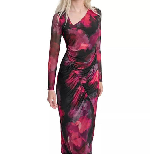 DKNY TURN HEADS WITH THE PETITE PRINTED RUCHED MESH MAXI DRESS