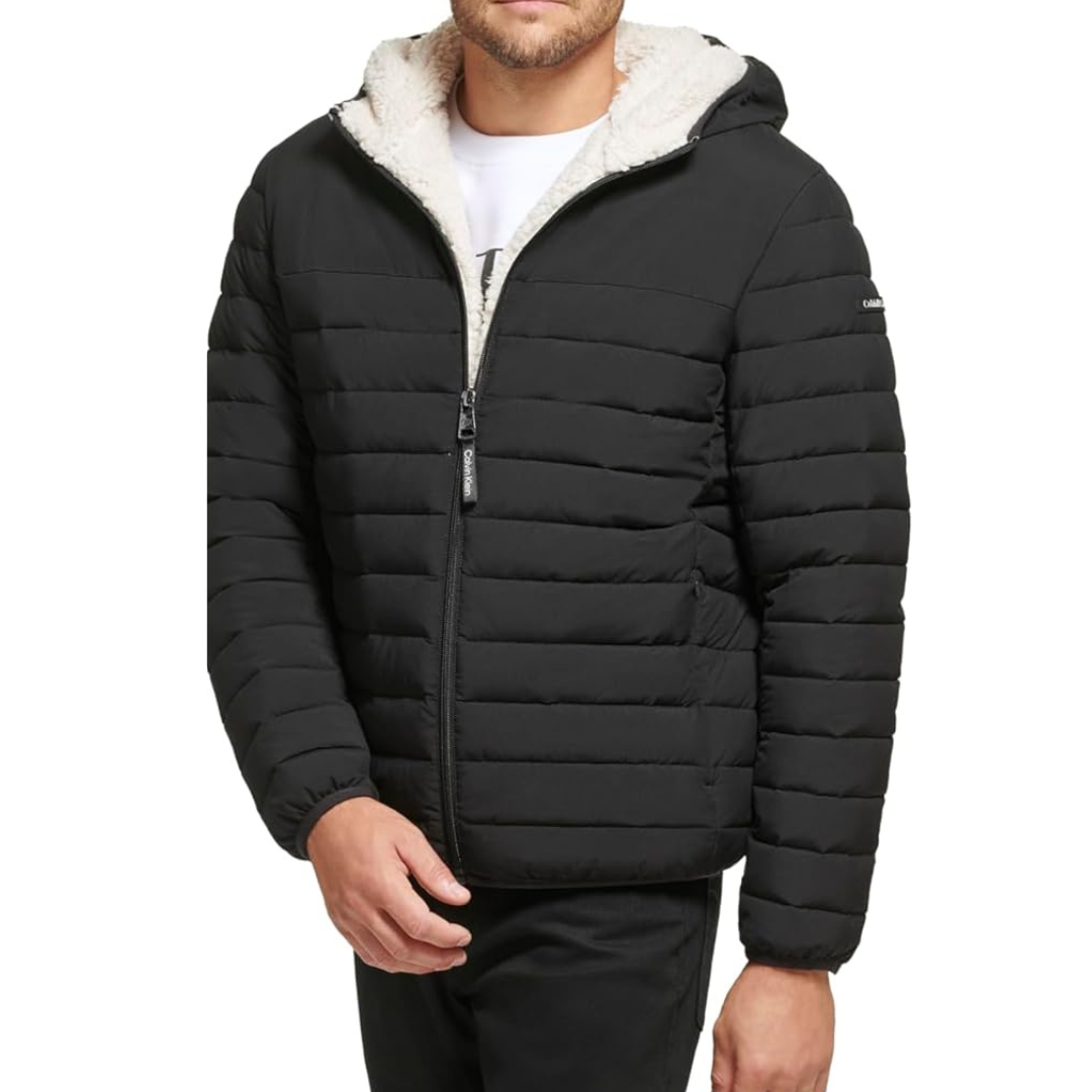 Calvin Klein Men's Hooded Down Jacket Quilted Coat Sherpa Lined