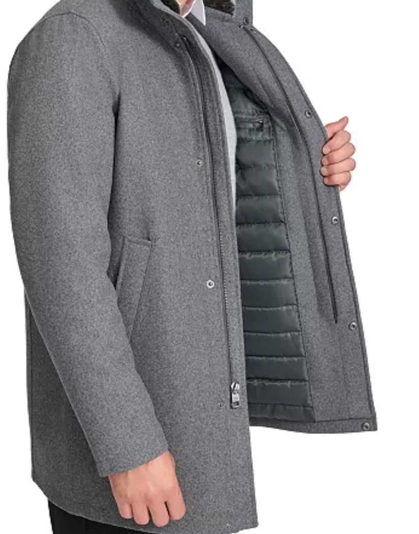 CALVIN KLEIN Men's Urban Walker Coat with Detachable Faux Rabbit Fur at Interior Collar